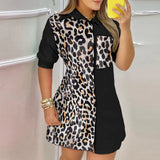 hirigin Elegant Turn Down Collor Shirt dress Women Casual Short Sleeve Leopard Patchwork Button Front Pocket Colorblock