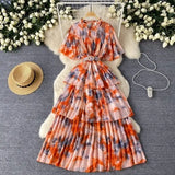 Retro Tea Faint Dyed Print Dress Women Waist Horn Sleeves Thin Temperament Lotus Leaf Side Chiffon Long