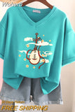 100% Cotton M-6XL T Shirt Chinese Lute Print Tshirt Short Sleeve Women's Top Summer Couple V Neck Oversized T Shirts-Outfit