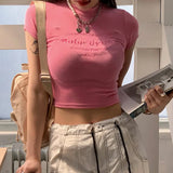 Woherb Spice Girl Personality Letter Embroidered Short-Sleeved T-Shirt Women's Solid Color Slim Crop Round Neck Shoulder Top-Outfit