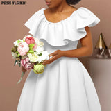 Women White Dresses Party Ruffles O Neck High Waist A Line Pleated Summer Dress Fashion Evening Birthday Gowns 2023 New-Outfit