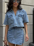 Hot Style Double Front V Collar Head Short Denim Shirt High Waist Denim Skirt Suit-Outfit