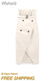 2023 New Women Summer Skirts Fashion Solid Buttons Belt Asymmetry High Waist Female Elegant Mid-Calf Skirt Clothing-Outfit