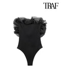 Women Fashion With Organza Ruffle Rib Knit Bodysuits Vintage Straight Neck Exposed Shoulders Female Playsuits Mujer-Outfit