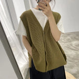 Breasted Women Sweater Vest Fashion Leisure Loose Retro V-neck All-match Elegant Warm Korean Style Daily Outwear Chic