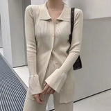 Knitted Two Piece Set Women Ribbed Zipper Flare Sleeve Shirts Tops And Elastic Waist Flare Pants Suit Slim Female