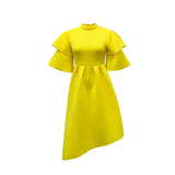 Summer Double-layer Ruffle Ruffled Sleeve Solid Color Wide Hem Dress