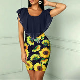Womens Sunflower Summer Bodycon Dress Sleeveless Printed Holiday Party Short Mini Dresses Ruffle Summer Dress 2021