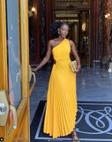 Women High Waist Hollow Out One Shoulder Cutout Pleated Dress Evening Party Ankle Length Long Dress Sleeveless Sexy Slim-Outfit