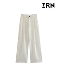 Women Fashion Side Pockets Front Darts Straight Pants Vintage High Waist Zipper Fly Female Trousers Mujer-Outfit