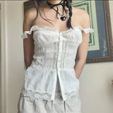 Woherb Sweet Girl Wind Flounce Splicing Vest New V Collar White Slim Single Breasted Top-Outfit
