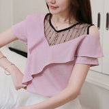 fashion patchwork women's clothing shirt short sleeve summer women blouse sexy strapless women's tops blusas D745