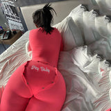 hirigin V-neck Button Sexy Rompers Woman Long Sleeve Slim Bodycon Casual Sporty Jumpsuit Autumn Letter Embroidery