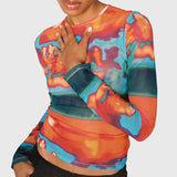 2000s Y2k Abstract Print Mesh T-shirt Women Casual Round Neck Long Sleeve Crop Tops Graphic Top Summer Harajuku