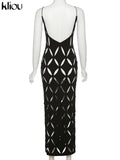 Kliou Unique Style Geometric Maxi Dress Women Elegant Spaghetti Strap Cleavage Backless Hollow Out Robe High Street Lady