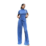 Woherb 2023 Summer New Thin T-Shirt High Waist Blue Pleated Floor Pants Casual Women's Fashion Suit-Outfit