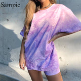 Women Loose Summer Sets O Neck Tie Dye Short Sleeve Top Shirt And Biker Bodycon Shorts Outfits Casual Two Piece Set