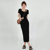 2024 Summer Bodycon Long Dress Women Korean Style Mid-Length Short Sleeve Dresses Woman Solid Streetwear Slim Vestidos-Outfit