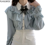 Cute Retro Vintage Ruffles Bow Tie Ribbon Tops Flhjlwoc Basic Elegant Work Formal Single Breasted Button Solid White