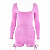 Slinky Long Sleeve Playsuit Women 2021 Fall Ruched Backless Sexy Rompers Female Square Collar Sport Biker Shorts