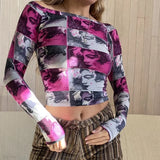 Graphic Print Green Mesh Sheer T-shirt Long Flare Sleeve Slim Crop Tops Sexy See Trough Women Tops Y2K Vintage