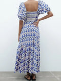 2023 Women Summer MIDI Dress Vintage Print Puff Sleeve Elastic Bust Female Elegant Street Mid-Calf Dresses Clothing-Outfit