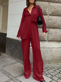 Fashion Women Two-piece Pant Sets Streetwear Leisure Lapel Long Shirt and Wide Leg Pants Suits Casual Loose Oversize