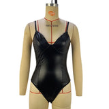 Woherb Autumn / Winter New Sexy Sling Waist Show Thin PU Splicing Women's Jumpsuit Small Vest Female-Outfit