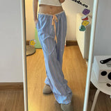 Woherb Wind Dopamine Contracted Stripe Casual Pants Female Low Waist Lace Splicing Straight Tube-Outfit