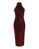 Women Sexy Slim Mini Dress Halter High Neck Sleeveless Glitter Bodycon Dress Evening Party-Outfit