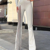 Fashion Flared Pants Women Grenadine High Waist Pants for Women Glitter High Slit Boot Cut Flared Trousers 2021 Autumn-Outfit
