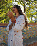 Women Sweet Fashion Printed Split Midi Dress Elegant V Necked Long Sleeve Pleated Vestido 2023 Autumn Lady Chic High Streetwear-Outfit