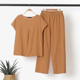 kaftan Women Solid Sets ZANZEA 2022 Casual Short Sleeve Blouses and Pocket Pants Female Loose Cotton Matching Sets