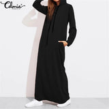 2022 Autumn Winter Women Maxi Dress Vintage Hoodies Casual Solid Long Sleeve Pockets Hooded Party Dress Long Vestido