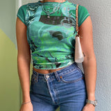 Tie Dye Print Y2K T-shirts 90s Vintage Aesthetic E-girl O-neck Short Sleeve Summer Sweats Tee Tops Women Basic