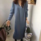 Casual V-neck Loose Long Sweater Dress Women Thick Autumn Winter Dress Female Full Sleeve Basic Jumper Dress femme 2019-Outfit