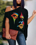 Plus-Size Women's Wear 2023 Summer New Fashion Off-Shoulder Casual Printed T-Shirt-Outfit