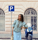 Fashion Casual Plaid Hollow Out Strap Double Bubble Sleeve Shirt Women's Top-Outfit