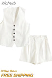 2023 Women Summer 2 pieces sets Fashion Solid Linen Vests Coats and Shorts Female Linen Casual Street Two Suits Clothing-Outfit