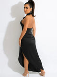 Sexy V-neck Sleeveless Solid Satin Backless Maxi