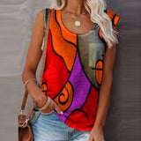 2021 Summer Fashion Colorful Print Shirt Women Shirts Elegant O-Neck Sleeveless Patchwork Tops Female Casual Loose Blusa