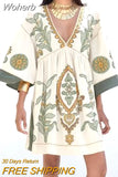 2023 Women Summer Loose Mini Dress Vintage Linen Embroidery 3/4 Sleeve V-Neck Female Elegant Street Dresses Clothing-Outfit