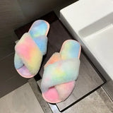 Fluffy House Slippers Cozy Faux Fur Cross Floor Indoor Slides Female Slip On Furry Flip Flops Warm Shoes Home