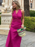 Chic Linen Blend Women's Lace Up Midi Dress Fashion Hanging Neck Collar Backless Vestido 2023 Summer Female High Streetwear-Outfit
