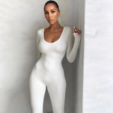 Fall Winter Long Sleeve Jumpsuit Women V Neck Bodycon Rompers Womens Jumpsuit Black Casual Fitness Streetwear