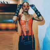 Kliou Hollow Out Bandage Faux Leather PU Tank Top Women 2021 Solid Streetwear Backless Sleeveless Sexy Party Clubwear