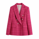 Women Fashion Double Breasted Tweed Green Blazer Coat Vintage Long Sleeve Flap Pockets Female Outerwear Chic Veste-Outfit