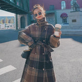 New Women Winter Coat Long Double-Breasted Plaid Overcoat Wool Blend Coat for Lady with Belt Female Outerwear Clothes