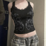 Vintage Print Knit Sleeveless Slim Vest Lace Lace Sling Top 2024 Summer New Style-Outfit