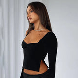Women Slim Fit Long Flare Sleeve T-shirts Spring Solid Square Neck Ruched Side Split T-shirts Basic Tops-Outfit